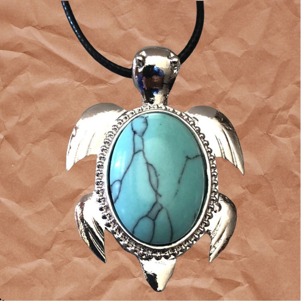 164 ❤️ Blue Turquoise Turtle Natural Stone Crystal Pendant Necklace - Picture 1 of 2